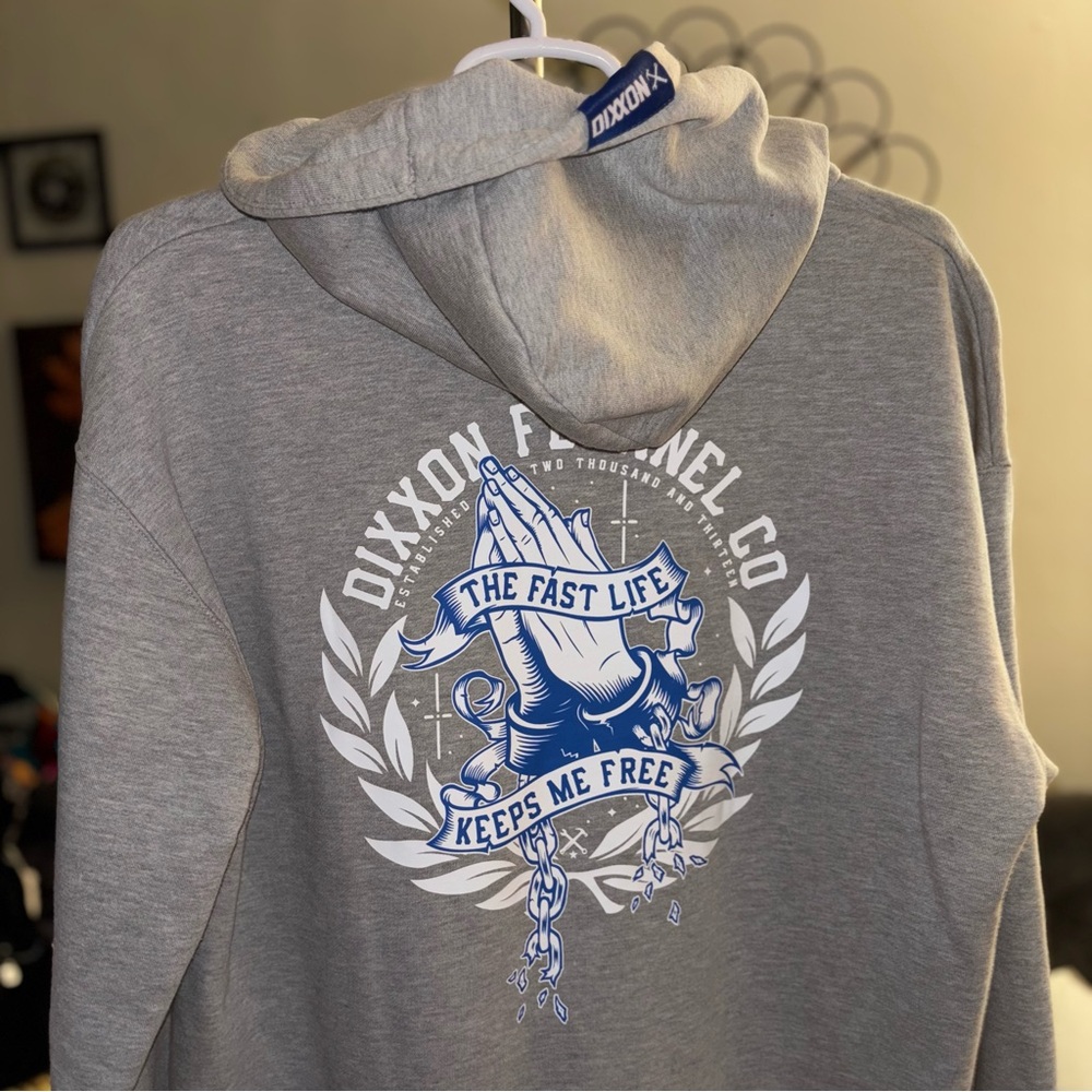 Dixxon Flannel Co Hoodie Gray Blue Full Zip Sweatshirt Fleece Biker Men’s XL